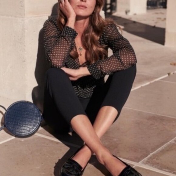 Sezane 100% Silk Wrap Blouse Womens Size 40 French US 8 Polka Dot Top Black Ecru - Picture 2 of 15